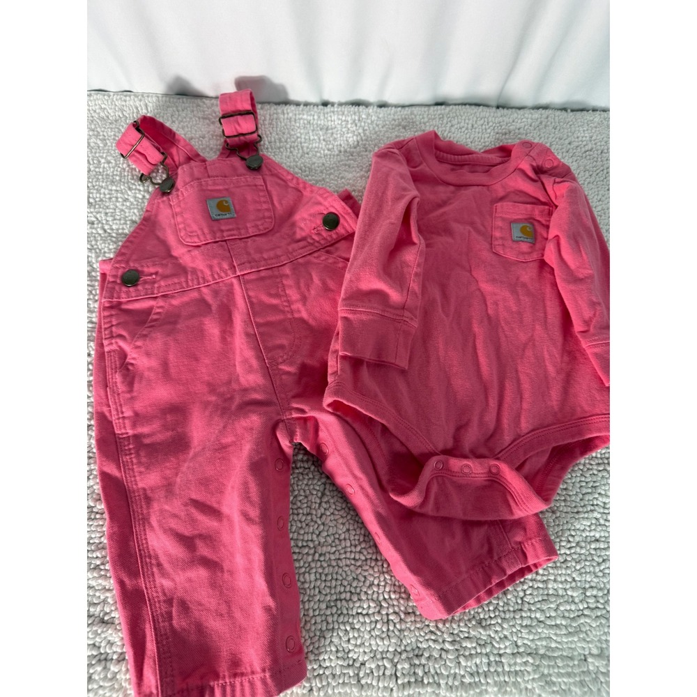 Carhartt Kids Pink Canvas Overalls 3M and Long Sleeve Bodysuit 9M Set OX9712-G